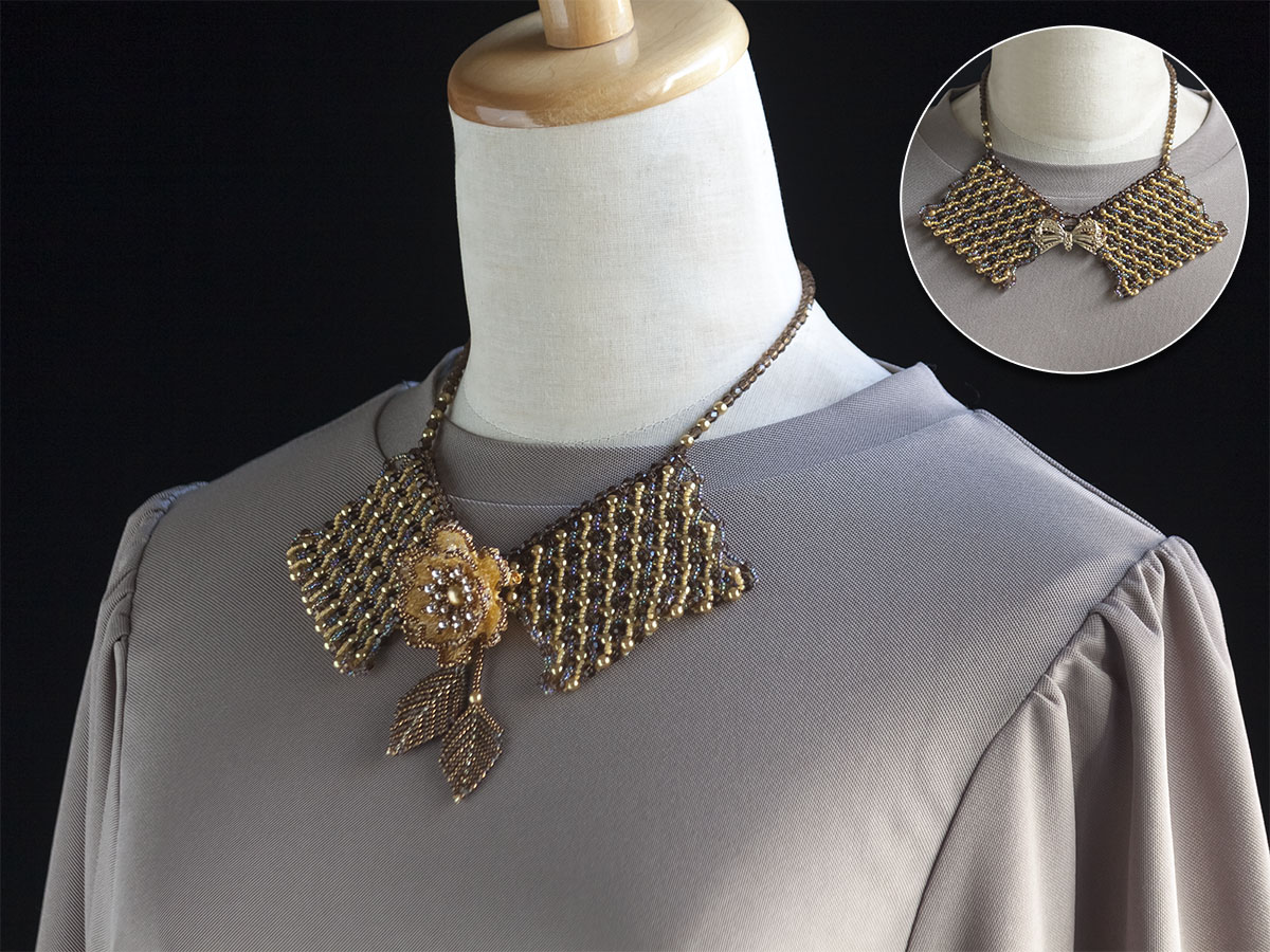 お花ブローチ付き付け襟ビーズネックレス